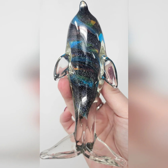 Dolphin Figurine Hand Blown Crystal Glass  Paperweight Multicolor Space  6x3 - Picture 3 of 8